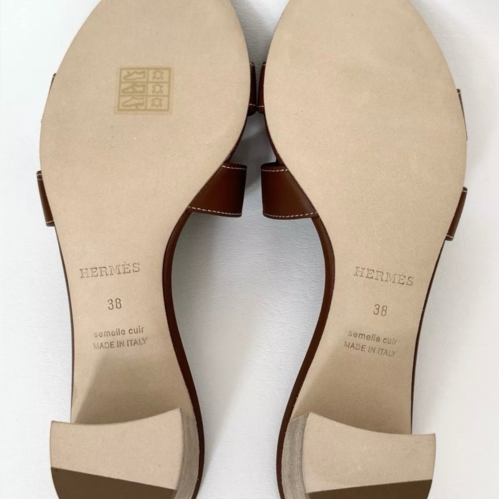 HERMES H OASIS SANDALS IN GOLD BROWN LEATHER SHOES MULES SLIDES HEELS 38 - Picture 13 of 15